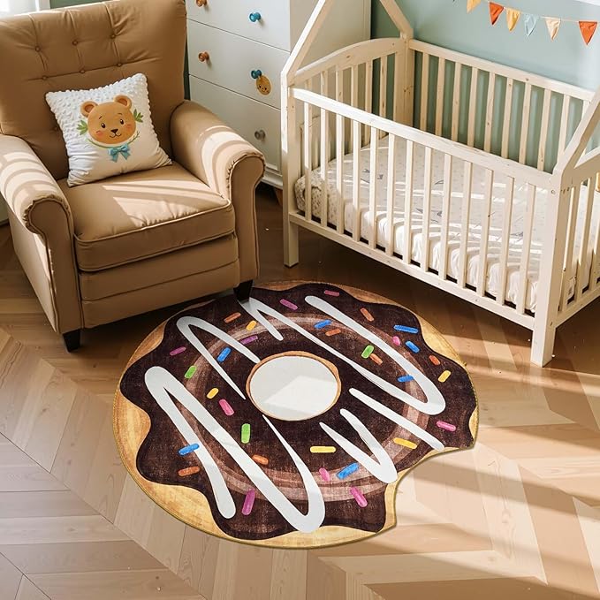 jinchan Cute Round Rug 4ft Chocolate Donut Fun Rug Washable Playroom Mat Sweet Dessert Circle Cool Rug Non Slip 4' Round Soft Cozy Floor Mat Funky Gift for Kids Teens Dorm Bedroom Playroom