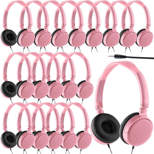Yunsailing 18 Pack Classroom Headphones Bulk Student Wired Class Headphones Set for School with Individually Wrapped Adjustable Over Ear Head Earbuds (Pink)