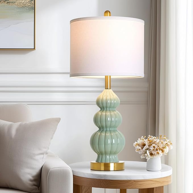 Green Ceramic Lamps Set of 2, 26.5" Modern Table Lamps for Living Room, Classic Bedside Lamp with Triple Gourd, Elegant Bedroom Lamp for Night Stand Desk Side End Table Home Decor