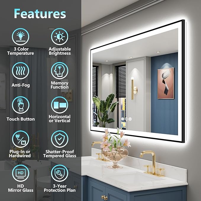 60x30 Black Framed LED Bathroom Mirror with Lights, Backlit + Front Lit, Anti-Fog Lighted Vanity Mirror for Bathroom Wall with 3 Colors, Stepless Dimmable, Memory, Tempered Glass, ETL Listed