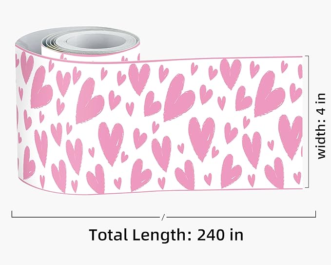 FLFK Pink Heart Wallpaper Border - Peel and Stick Wall Paper, Self Adhesive Removable PVC Borders Sticker, Modern Waterproof Trim for Home Decor, 4" x 240"