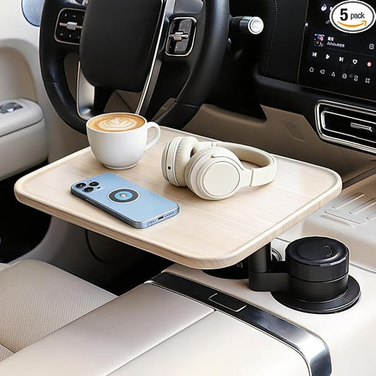 360° Rotating Wood Car Tray & Desk for Laptop - Steering Wheel Cup Holder Table, Car Accessories for Women & Men, Compatible with Tesla Model Y/3/S, Ford F150/Explorer/Maverick & Most Vehicles