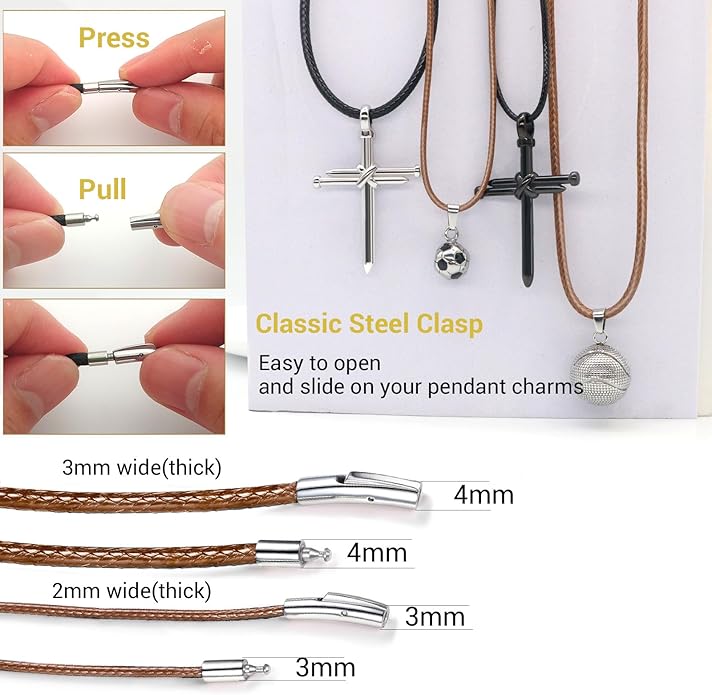 Leather Necklace Cord with Stainless Steel Clasp, Black/Brown Color Waterproof Wax Rope Chain 2mm 3mm Wide Braided Cord String Necklaces for Men Women 16"-30"