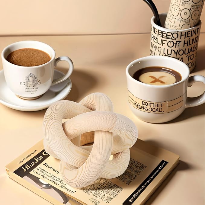 3 Link Hand Carved Wood Knot, Wood Chain Link Decor, Rustic Decorative Objects for Home, Living Room, Bedroom, Coffee Table, Modern Farmhouse Shelf Decor (Natural)