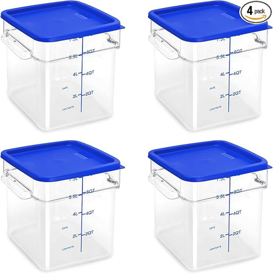 TSUBOR 4 Pack Food Storage Containers with Blue Lids, 8.0 Qt - Square, Clear, Polycarbonate, for Restaurant Commercial Kitchen and Home party