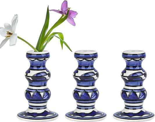 Vixdonos Painted Ceramic Vase Colorful Bud Vase Set of 3 Small Flower Vase Rustic Mini Vases in Bulk for Home Decor, Wedding and Dinner Party(Blue)
