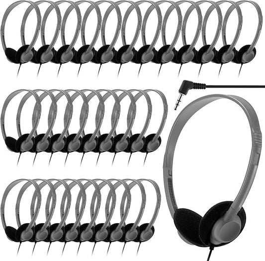Yunsailing 30 Pack Bulk Headphones Set Over Ear Headphones with Adjustable Headband 3.5mm Plug Headsets Earphones for Learning Program, Computer Lab, Library, Testing & Multimedia Use (Grey)