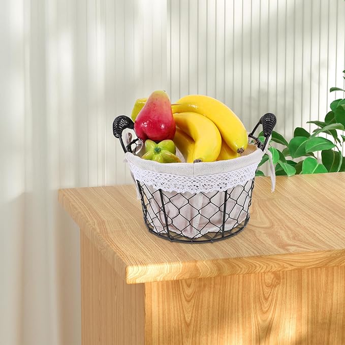 Wire Basket with Handle and Fabric Liner, round Metal Storage Basket for Fresh Eggs and Bread, Rustic Iron Wire Organizer for Kitchen and Home Use