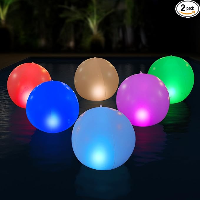 NAYUNA 2 Pack - Solar LED Floating Pool Lights - 14-Inch Inflatable Waterproof Decorative Balls with 16 Color-Changing Glow, Durable and Eco-Friendly for Pools, Patios, Gardens and Events