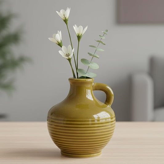 Sunddo Brown Ceramic Vase 6 Inch - Small Rustic Decorative Vase with 1 Handle for Farmhouse Home Decor, Shelf, Bathroom, or Coffee Table