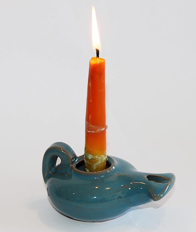 Herodian Blue Glazed Oil Lamp with Handle – Authentic Biblical Clay Candle Holder Replica from The Holy Land - Handmade Judaica & Christian Faith Gift with Certificate of Authenticity