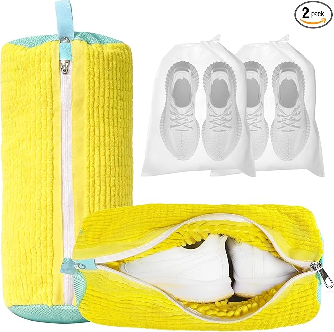 Shoe Washing Machine Bag, 2-Pack Reusable Shoe Bag for Washing Machine, 360° Deep Clean for Sneaker, Running Shoes,Bras, Delicates and Toys, Includes 2 Shoe Storage Dust Bags(Yellow)