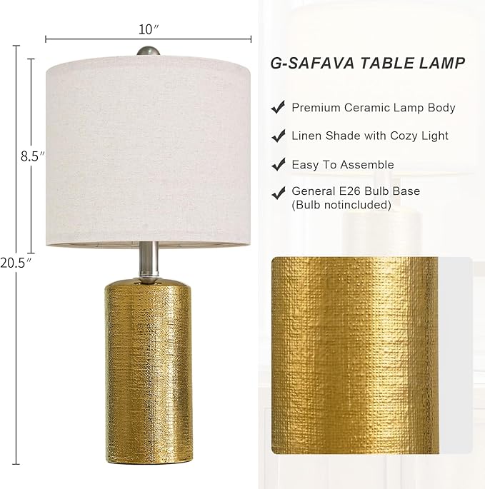 20.5" Small Table Lamps for Living Room Lamp Set of 2 Ceramic Lamps for Bedroom Bedside Lamps Modern Boho Lamps for Night Stands Farmhouse Nightstand Lamp Side End Table Lamp, Gold