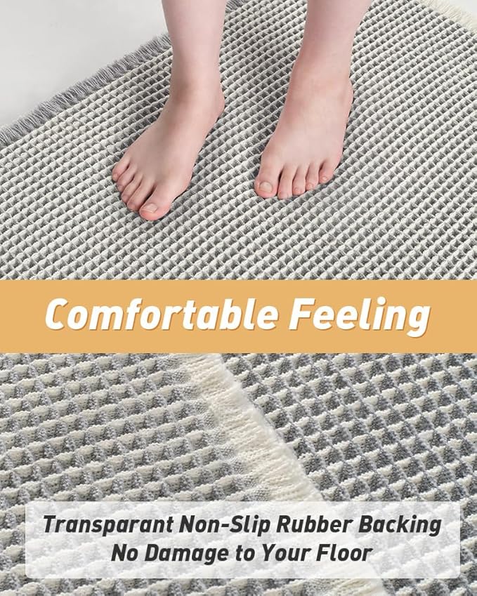 AMOAMI Upgraded Waffle Runner Rug Super Absorbent Non Slip Bath Mats for Bathroom Machine Washable Bathroom Runner Rug with Tassels, Ideal for Hallway Bedroom Laundry Room, 2' x 6', LightGrey & Cream