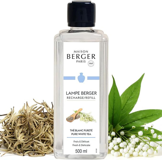 MAISON BERGER Pure White Tea Lampe Berger Refill, 500 ml (16.9 fl oz), Odor-Neutralizing Home Fragrance Oil Lamps, Blackcurrant, Bergamot, White Tea, Made in France