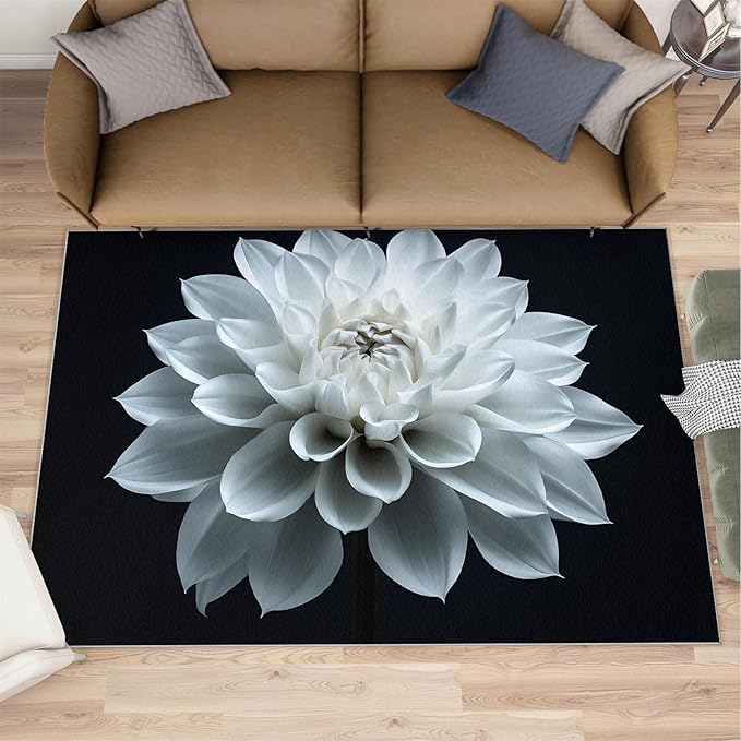 Petals Washable Area Rugs 3x5 Non-Slip Dahlia Living Room Rug White Flower Soft for Carpet Low Pile Indoor Door Mat & Room Decor