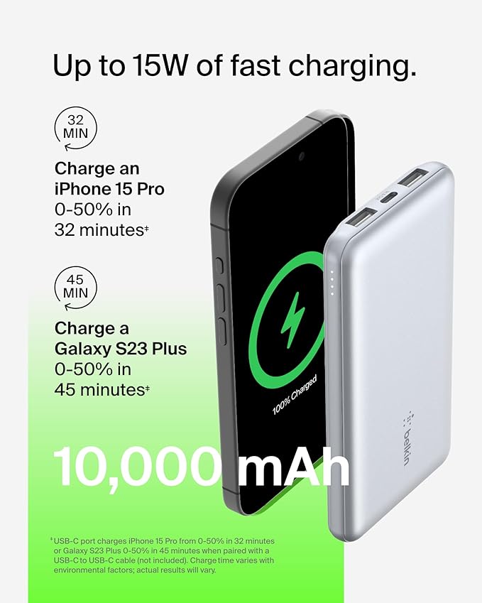 Belkin Portable Charger, USB C Power Bank 10,000mAh w/ 2xUSB-A Ports, 15W w/Type-C to Type-A Cable for iPhone 17, Air, Samsung Galaxy S25, iPad, Nintendo Switch 2, Google Pixel 10, etc. - Pearl Blue
