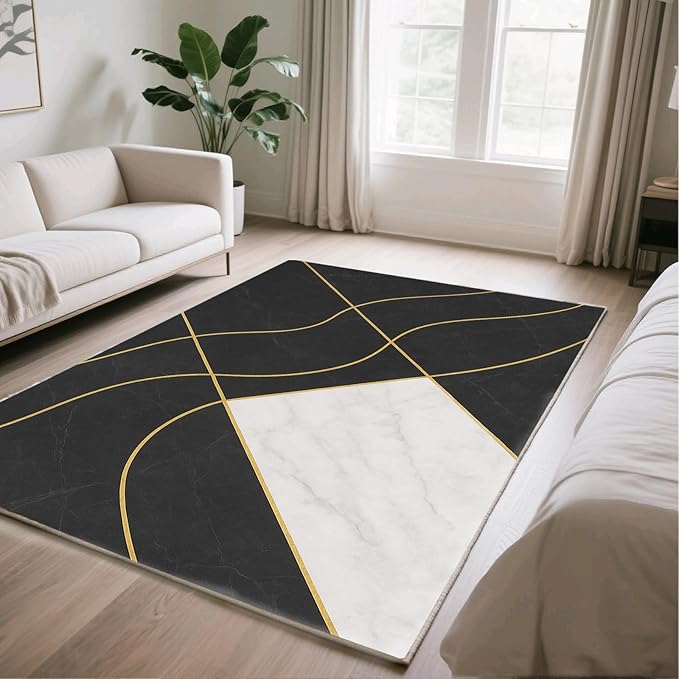 Geometric Marble Rug - 3x5 Rug, Abstract Lines Rugs, Luxury Marble Entryway Rugs, Washable & Non Slip Carpet Home Decor