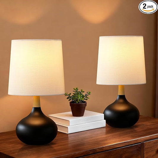 14" Ceramic Table Lamp Set of 2 with Natural Wood Stem & Linen Shade for Bedroom Decor,Modern Farmhouse Small Bedside Lamp for Nightstand, Living Room & Office (Black)