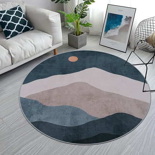 4ft Abstract Round Area Rug,Chic Faux Wool Washable Non-Slip Sun and Mountain Circle Rug,Soft Ultra-Thin Throw Rugs for Living Room/Bedroom/Office/Entryway/Kitchen(Blue)