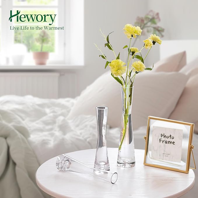 Hewory Glass Bud Vases for Centerpieces Set of 6, Handmade Modern Clear Small Skinny Decorative Single Flower Vase, Minimalist Slim Floral Vase for Home Wedding Party Events Table Decor, 7.87"