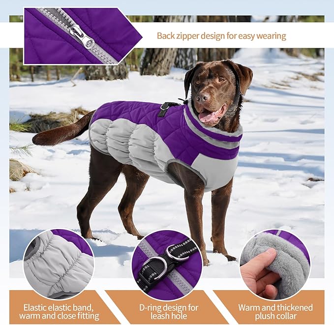 OUOBOB Winter Dog Coat,Large Dog Jacket,Waterproof Pet Jacket with Back Zipper,Pet Coat with Harness Built in,Warm Dogs Coat with Fleece Lined, Snow Jacket Clothes French Bulldog Shiba Inu,Purple,L