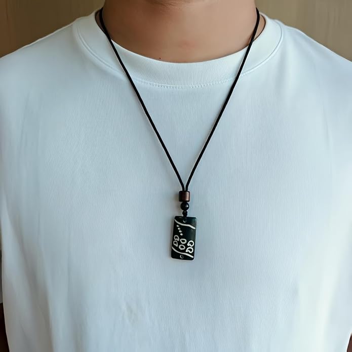 Handmade Black Bull Bone Pendant Necklace, Traditional Tribal Design, Wooden Beads, Adjustable Braided Rope, 24 Inch, Surfer Style