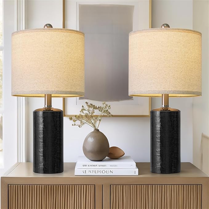20.5" Small Table Lamps for Living Room Lamp Set of 2 Ceramic Lamps for Bedroom Bedside Lamps Modern Boho Lamps for Night Stands Farmhouse Nightstand Lamp Side End Table Lamp, Black