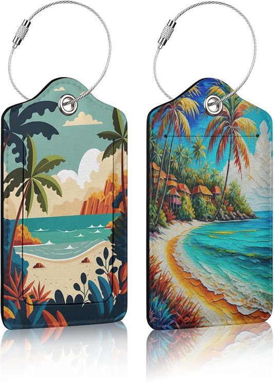 2 Pack Luggage Tag for Suitcase,Summer Beach Palm Tree Luggage Tag with PU Leather Privacy Cover ID Label & Stainless Steel Loop for Women Men Travel Bag Suitcase