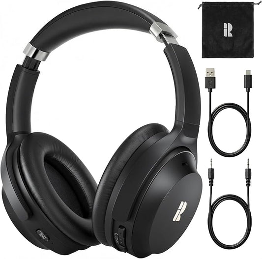 Active Noise Cancelling Headphones, Wireless Over-Ear Bluetooth Headphones ANC, Hi-Res Audio, 60H Playtime, Deep Bass, 3.5MM Cable, Memory Foam Ear Cups for Work/Travel/Home/Office