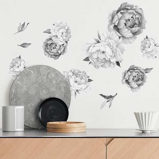 Peony Watercolor Wall Decals (Black and White Watercolor) - Flowers Decals for Wall - Botanical Bedroom Decor - Floral Peonies Grey Wall Stickers with Test Sample