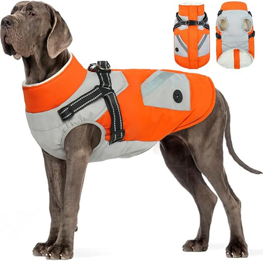 FUAMEY Dog Winter Jackets for Large Dogs,Dog Coat with Harness Built in,Waterproof Dogs Snowsuits Warm Pet Jacket Zip Up Fleece Cold Weather Coats Reflective Safety Pets Hunting Vest Orange 3XL