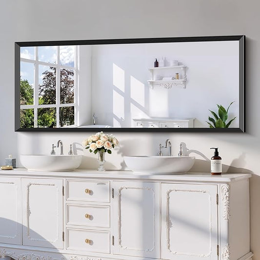 Black Bathroom Mirror 60 x 24 Inch Rectangle Wave Beveled Frame for Wall Bathroom Vanity Mirror for Over Sink, Tempered Glass,for Entryway Hangs, Bathroom Living Room Horizontal or Vertical