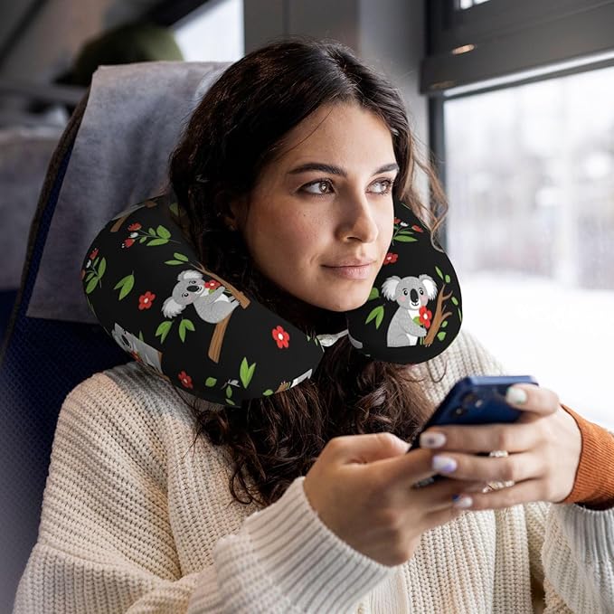 Travel Pillow for Boys and Girls, Comfortable Neck Chin Head Support Cushion Leaves Flowers Cartoon Koala, Comfortable for Airplanes Car Sleeping Rest