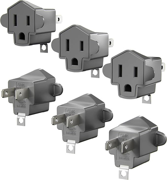 2 Prong to 3 Prong Outlet Adapter, SUPERDANNY ETL Listed 3-2 Prong Adapter, Fire-Retardant (392℉) PBT Material, Heavy Duty Wall Plug Adapter for Old Homes, Travel to Japan, Gray, 6-Pack