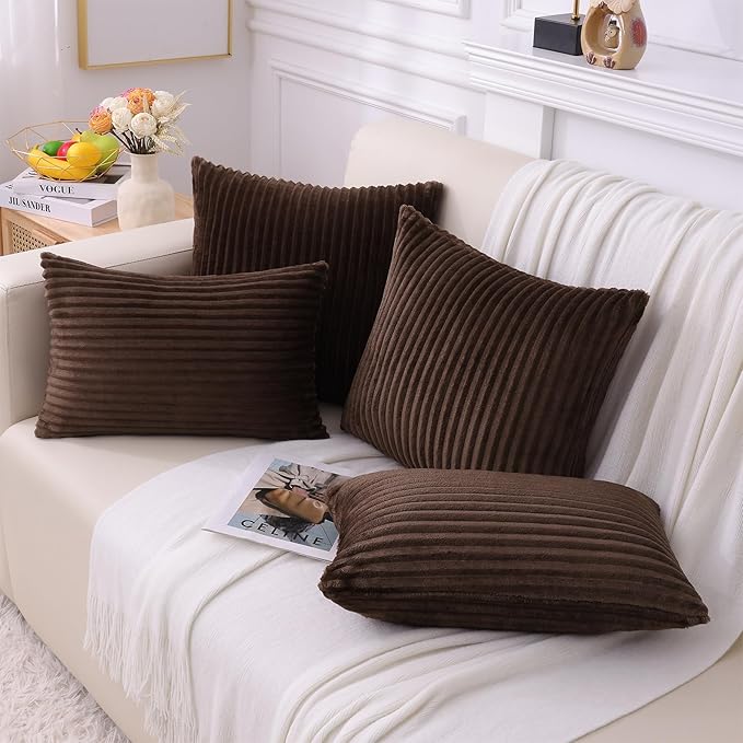 Simmore Decorative Spring Euro Sham Throw Pillow Covers 24x24 Set of 2, Soft Natural Plush Flannel Double-Sided Fluffy Couch Pillow Covers for Sofa Living Room, Brown