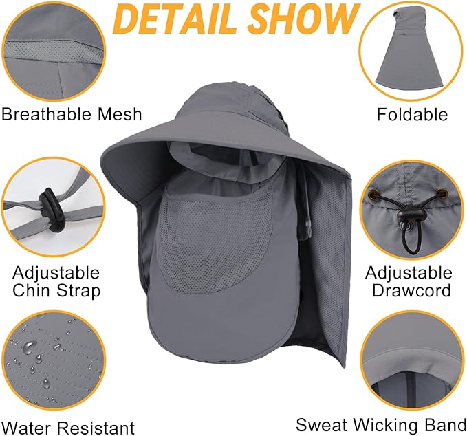 Sun Hats for Men Women Detachable Face Cover Wide Brim Fishing Hats with Neck Flap UPF 50+ Outdoor Safari Hats