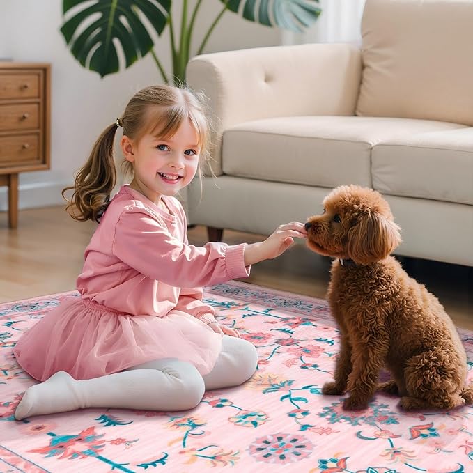Tangsoo 4x6 Washable Area Rug, Non Slip Pink Floral Rug for Bedroom Girls Nursery Bedside, Soft Low Pile Floor Carpet Indoor Mat Cute Home Decor for Office Classroom Reading Corner Baby Teen Room
