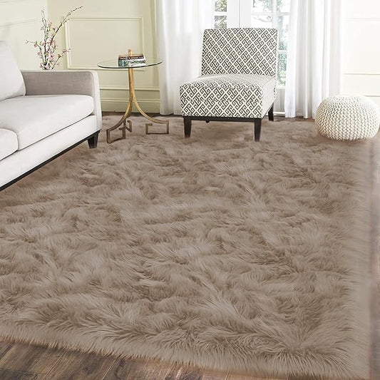 Latepis Light Brown Beige Living Room Rugs Faux Sheepskin Fur 5x7 Area Rugs for Bedroom Fluffy Washable Rug Large Plush Fuzzy Floor Rug Home Decor Rectangle