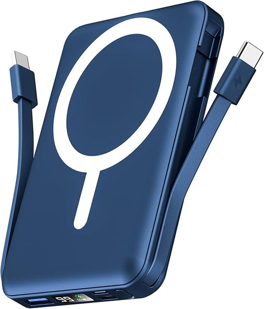 podoru for Magsafe Battery Pack, 10000mAh Magnetic Power Bank Built-in Double USB C Cables 22.5W PD Fast Charging LED Display Wireless Portable Charger for iPhone 17/16/15/14/13/12 Series-Navy Blue