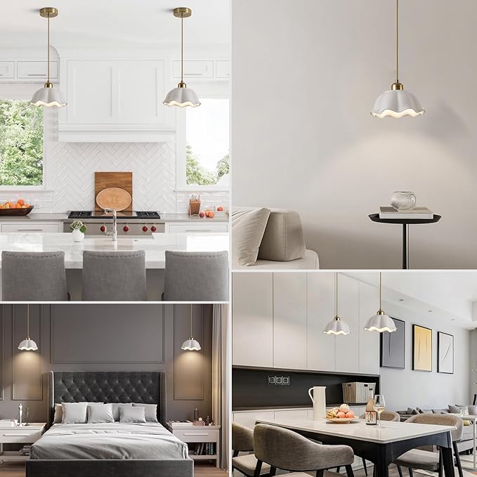 Modern Minimalist White Pleated Ceramics Pendant Lights Kitchen Island Mid Century Opal Glass Dome Adjustable Height Hanging Ceiling Light Fixture Brass Milk Glass Pendant Light MPL11-1 GD