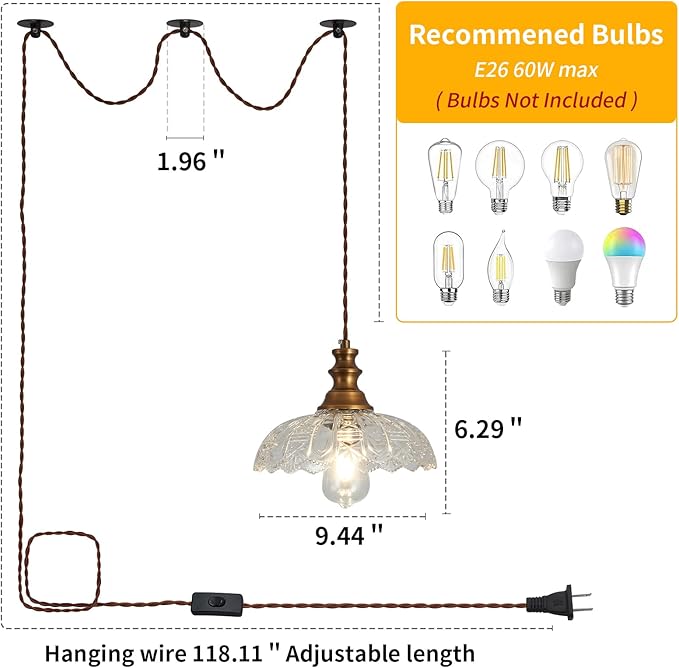 Plug in Pendant Light Industrial Pendant Lighting with Plug in Cord 9.8ft Hanging Lamps Clear Glass Shade ‎Bronze Light Fixture for Living Room Kitchen Dining Room Bedroom