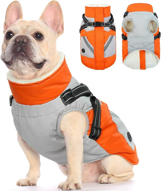 FUAMEY Dog Winter Jackets for Small Dogs,Dog Coat with Harness Built in,Waterproof Dogs Snowsuits Warm Pet Jacket Zip Up Fleece Cold Weather Coats Reflective Safety Pets Hunting Vest Orange XS