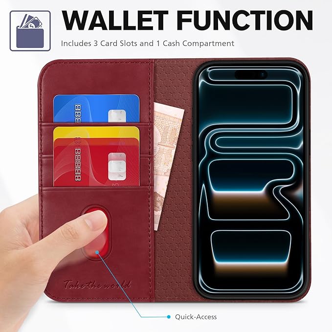 TUCCH Wallet Case for iPhone 17 Pro Max (6.9") 2025, 3 Credit Card Slot | RFID Blocking | Stand | PU Leather | Protective Flip Folio Cover | Shockproof TPU Interior Shell | Deep Red