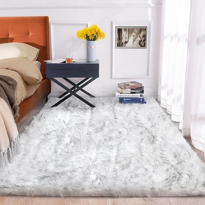 White and Grey Faux Shaggy Fur Rug for Living Room Plush Washable Sheepskin Fur Area Rugs 3x5 Nursery Rug