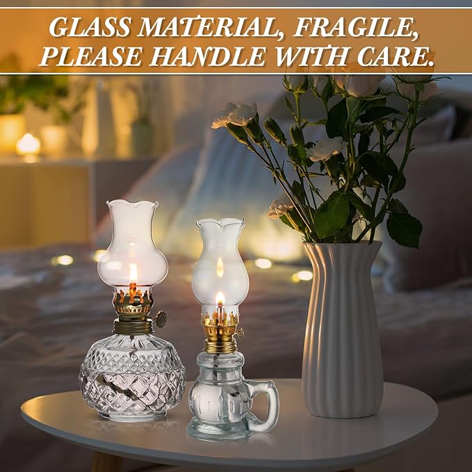 Yexiya 6 Pcs Chamber Oil Lamps Oil Lamp Vintage Glass Kerosene Lamp Bulk with Adjustable Fire Wick Rustic Clear Hurricane with 6.6 ft Extra Wick for Indoor Use Home Decor 8 Inch (Delicate)