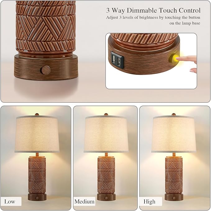 RORIA Set of 2 Vintage Touch Table Lamps for Living Room, 3 Way Dimmable Nightstand Lamp with 2 USB Port, Farmhouse Rustic Boho Ceramic Desk Lamps for Bedroom End Table, Bulbs Included