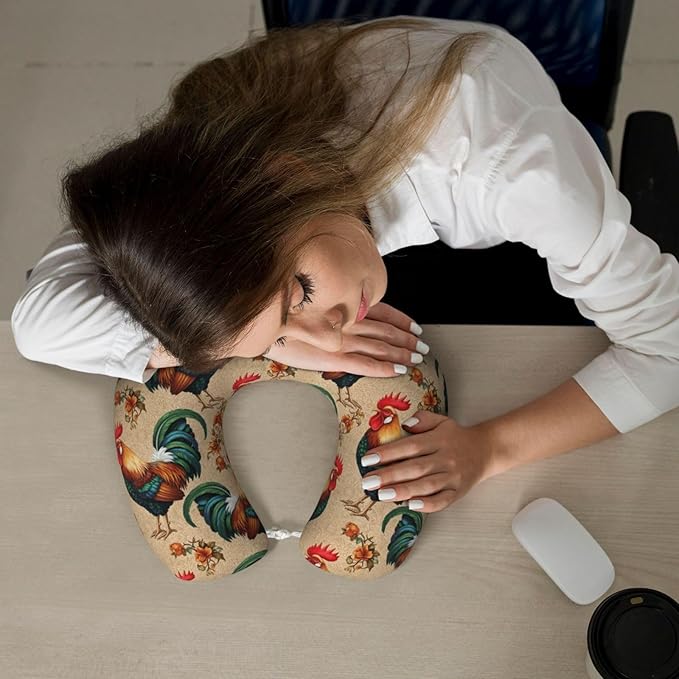 Neck Pillow Memory Foam Chin Cushion with Breathable Cover Retro Rooster, Cute Airplane Car Pillows for Office Head Pain Relief