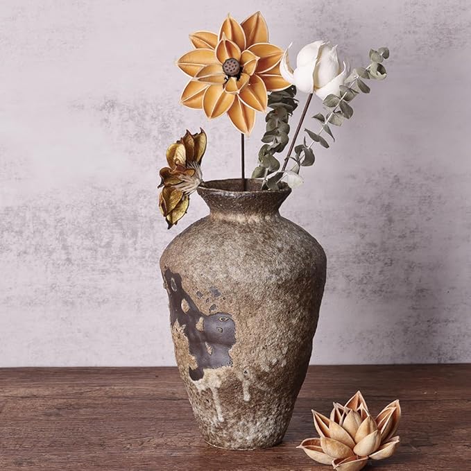 Wabi Sabi Decor Rusty Vintage Vase - 8.7" Tall Rustic Farmhouse Wabi Sabi Vase for Centerpiece, Pottery Stone Flower Vases for Home Decor, Table, Living Room, Bedroom, Bathroom, Kitchen (Rusty Stone)