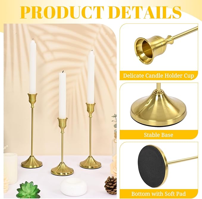 Candlestick Holders 6 PCS, Metal Taper Candle Holder, Brass Gold Candle Holders for Pillar Candles, Vintage Dining Table Centerpiece Decorations for Wedding Party Christmas Halloween Decor